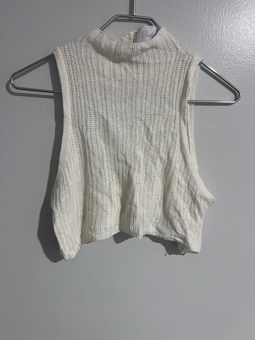 Blush Boutique Sweater Womens L White Open-Knit Mock Neck Sleeveless Shirt